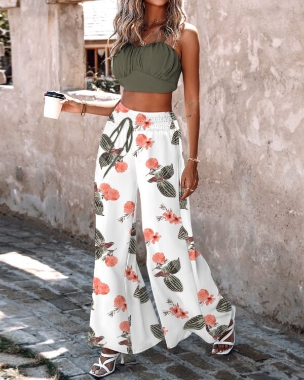 Women's Summer Solid Color Vest Printed Wide Leg Pants Two-Piece Set