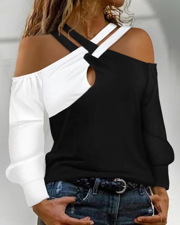 Women Casual color-blocked off-shoulder Halter Neck long-sleeved Top