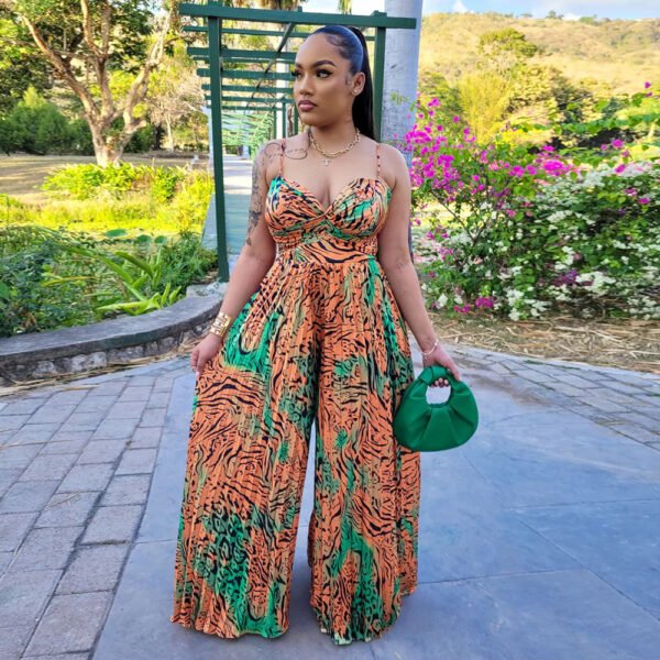Ladies Fashion Printed Strap Pleated Jumpsuit