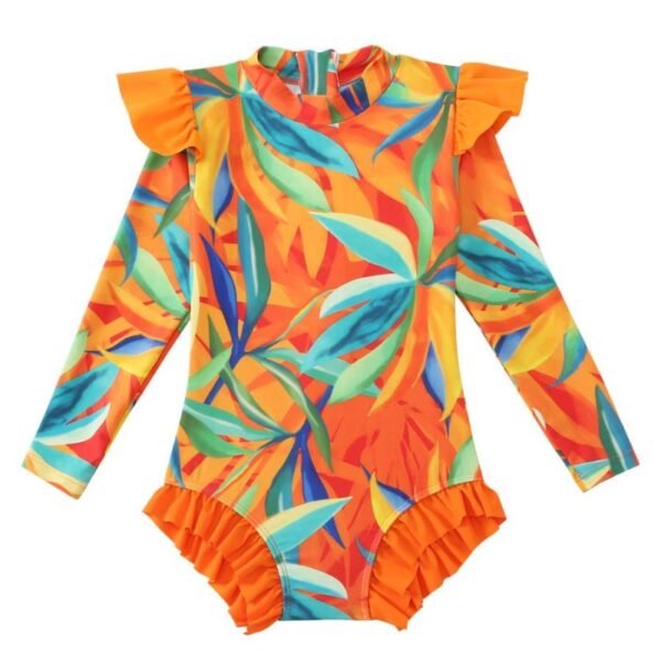 Orange Print Long-sleeved Kids Rash Guard Monokini