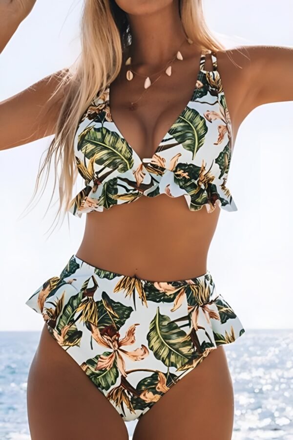 baby blue leaf print bikini set