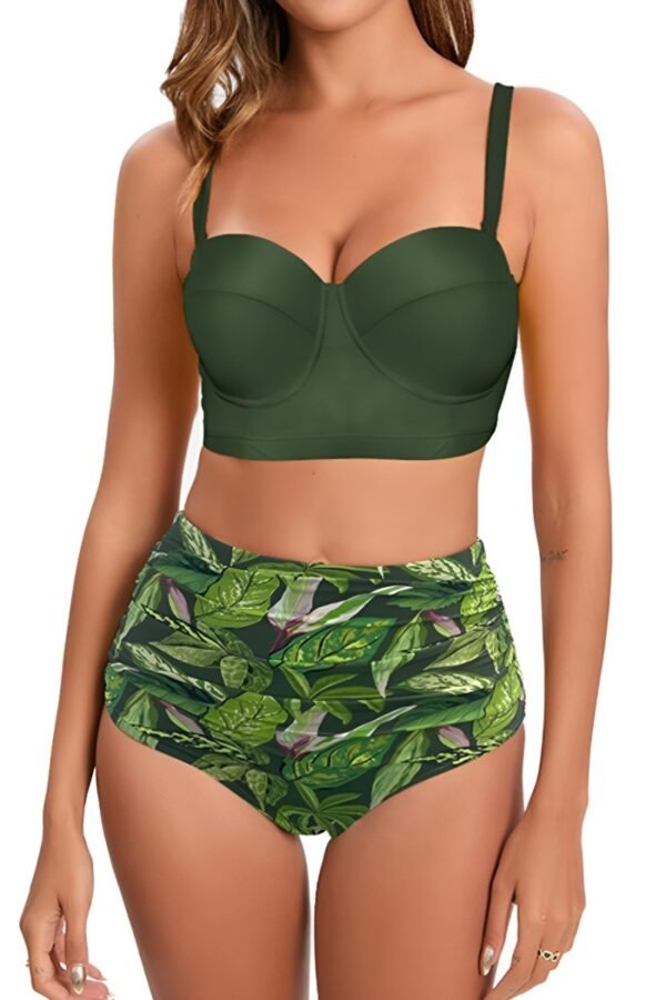 Green leaf print high waist swimsuit