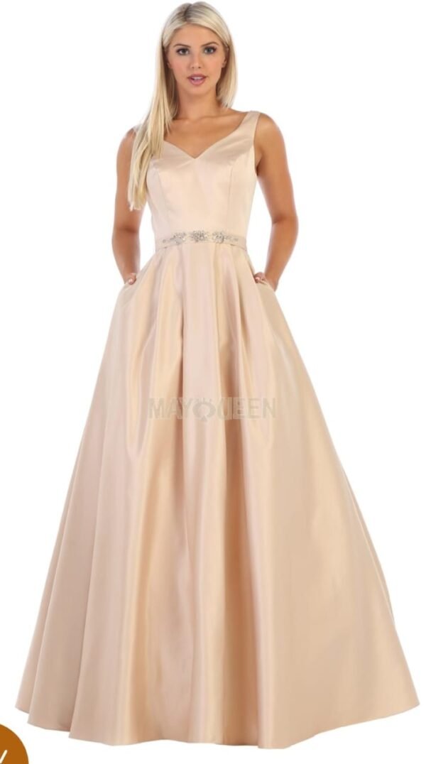 Broad Strap Simple Ball Gown With Beaded Waist