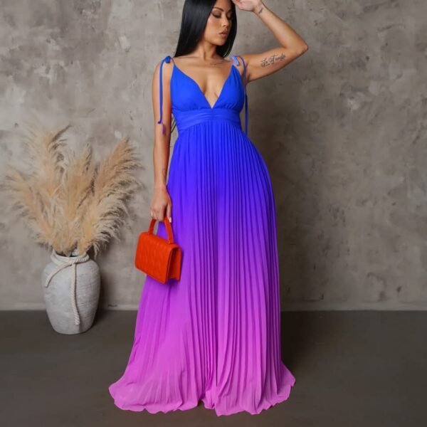 Summer Thin Strap Plunge Neckline Sexy Gradient Color Maxi Dress