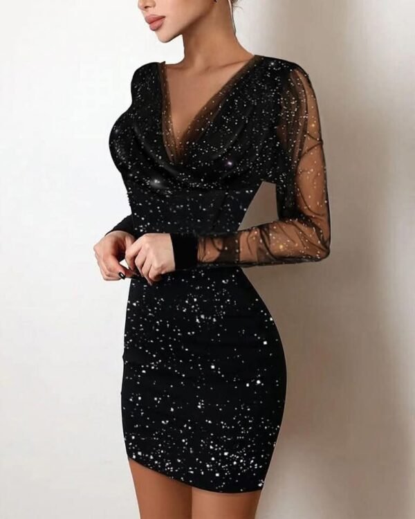 Women Long-Sleeved Sequined V Neck Bodycon Short Dress