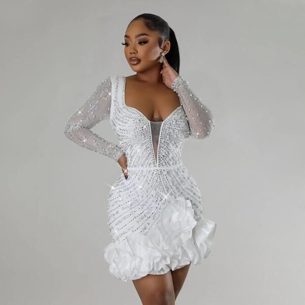 Women Beaded Long Sleeve Square Neck Dress