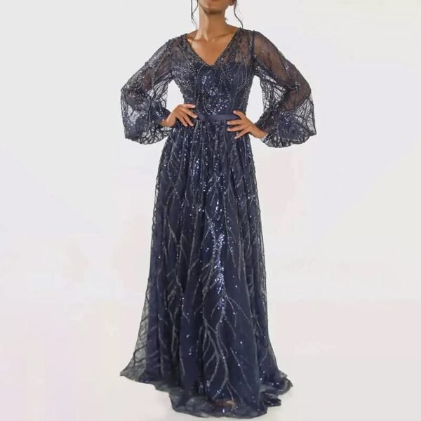 Shimmer V-Neck Long Sleeve Lace Long Formal Dress