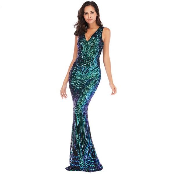 Sequins V-Neck Sleeveless Mermaid Evening Dress
