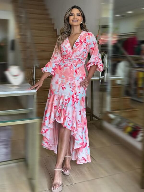 Woman's V-Neck Puff Sleeve Irregular Ruffle Dress