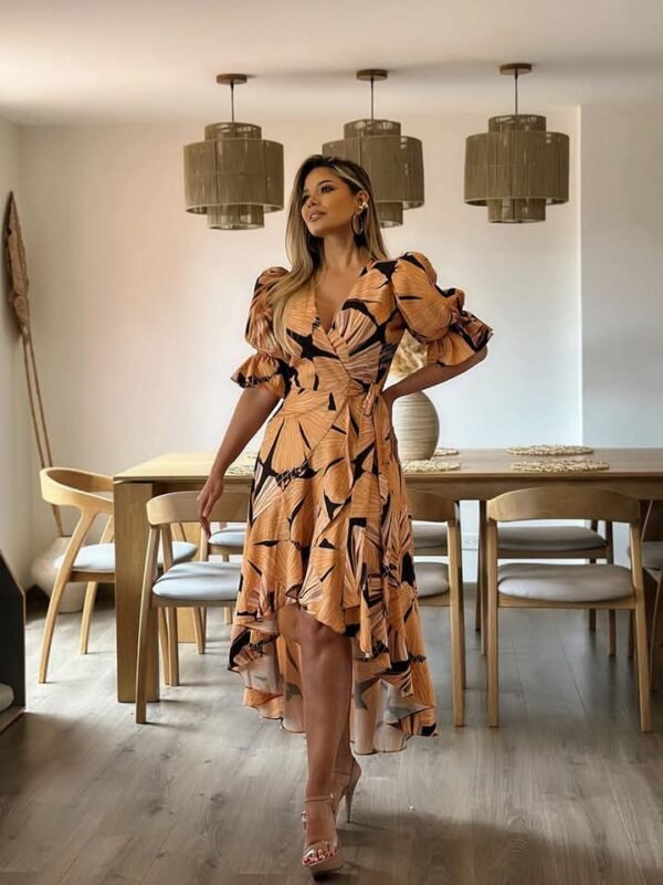 Casual Chic Printed Puff Sleeve V-Neck Wrap Dress