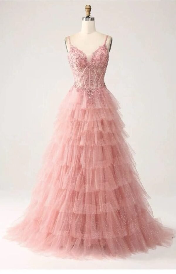 handcrafted corset fitted dress with layered chiffon