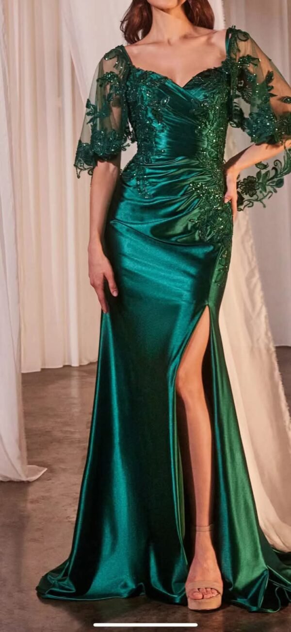 handcrafted corset fitted dress with satin bottom and embellished shawl