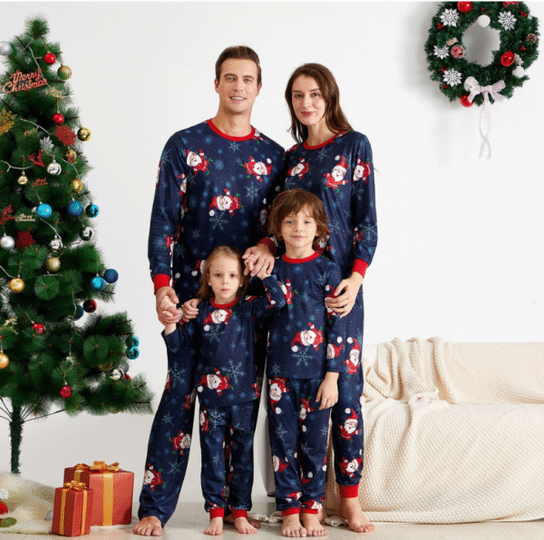 Blue Santa Print Christmas Pajama Set