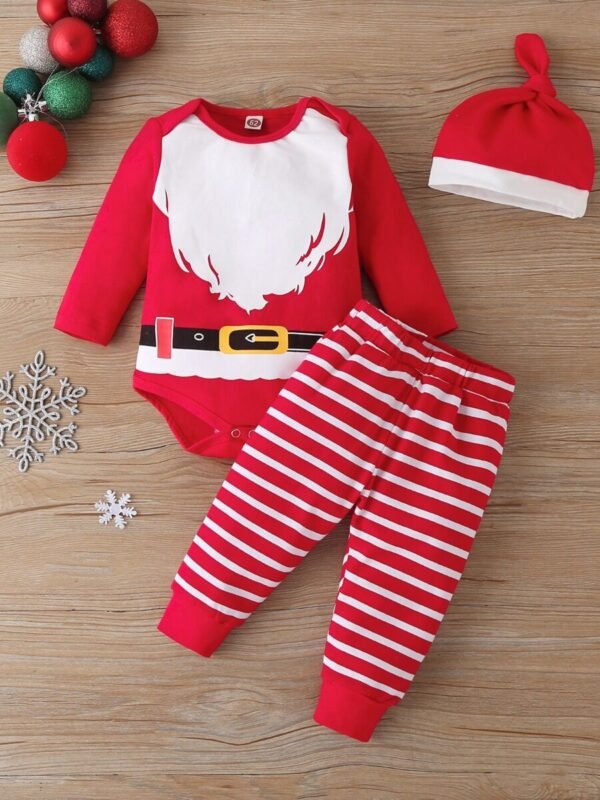 3PC Bearded Santa Onesie, Stripped Pants and Christmas Hat