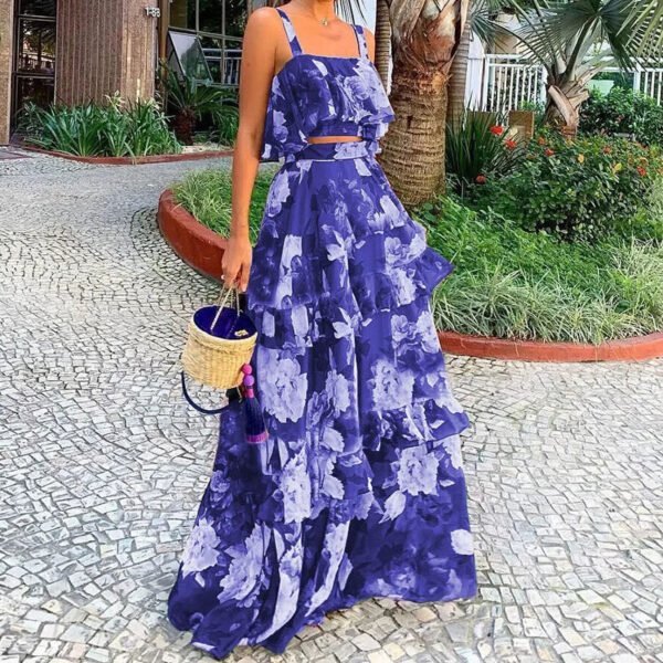 Women's Floral Cascading Ruffles Skirt Two-Piece Set
