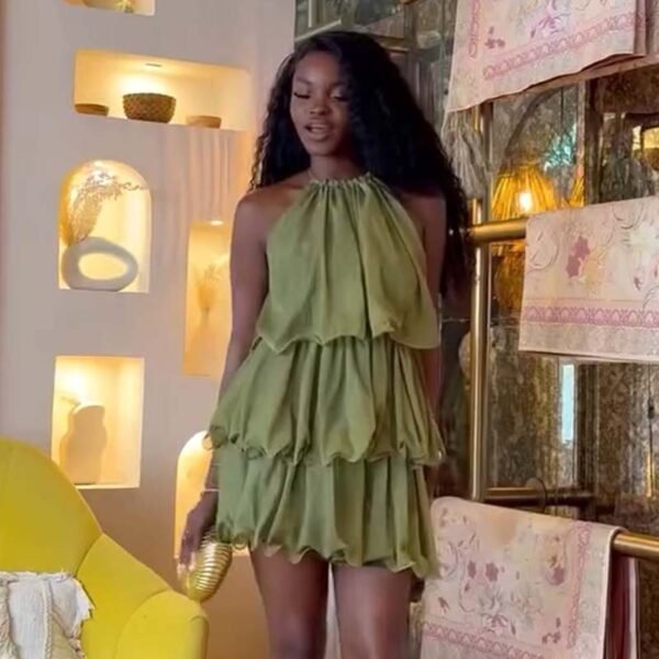African Chic Halter Neck Sexy Sleeveless Solid Color Ruffled Mini Dress
