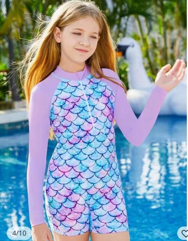 Girls' Printed Long Sleeve One-Piece Swimsuit Sun Protection Surfing Suit