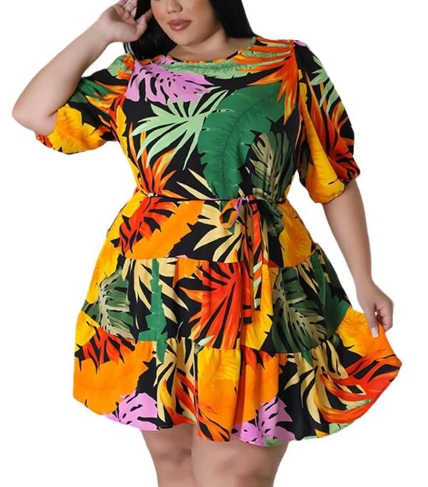 Women's Sexy Leaf Print Balloon Sleeves Plus Size Dress