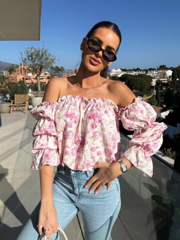 Off-Shoulder Sexy Floral Print Long-Sleeve Top