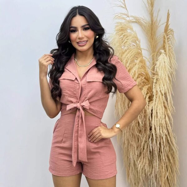 Women's Summer Fashion Short Sleeve Tie Shirt & Casual Shorts Two-Piece Set
