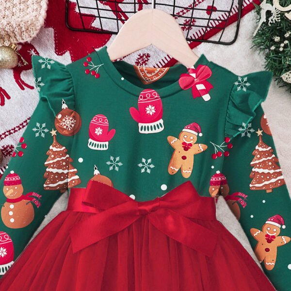Girls Christmas Print Gingerbread Man Long Sleeve Dress