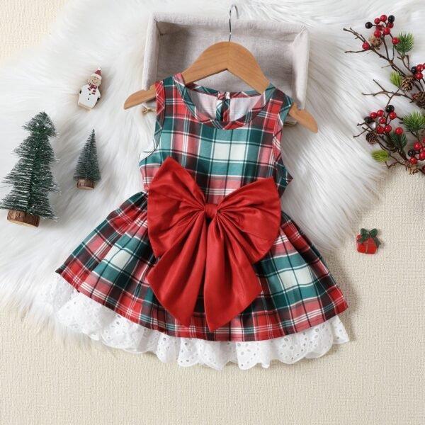 Girls Red & Green Plaid Christmas Dress With Bow
