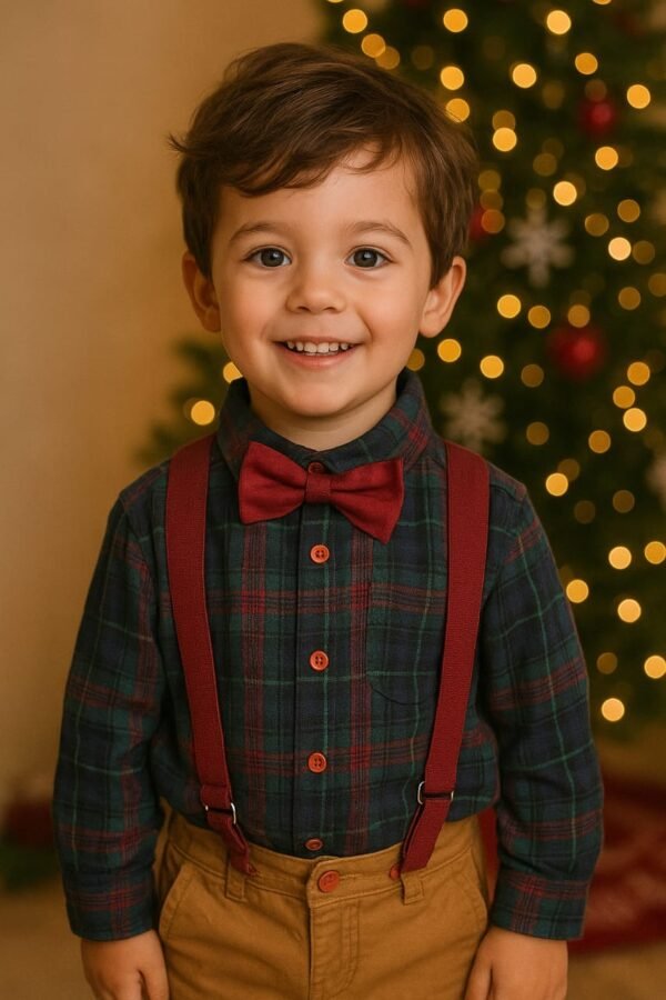 Boy's 4Pc Green Plaid Suspenders Outfit Set