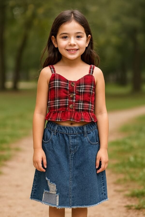 Girls plaid 2Pc Denim Skirt Set