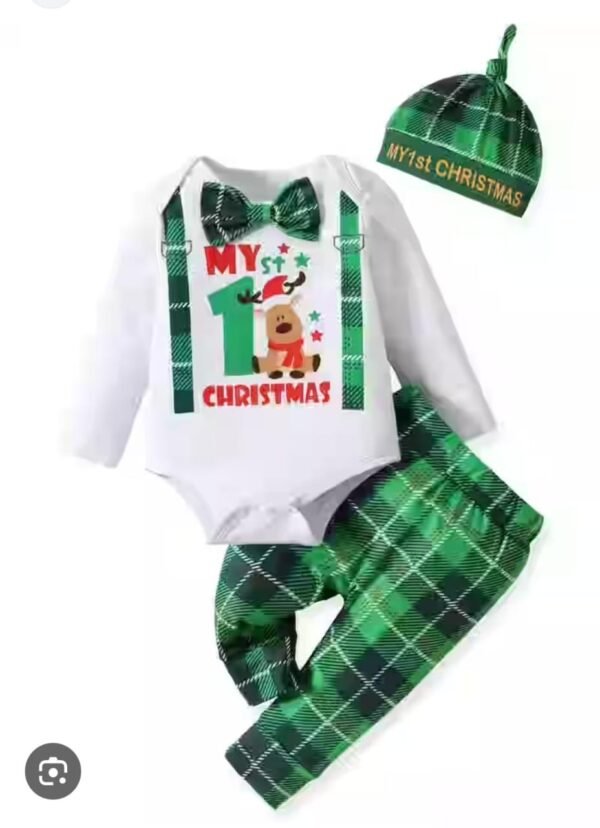 Boys My First Christmas Green Plaid Reindeer Print