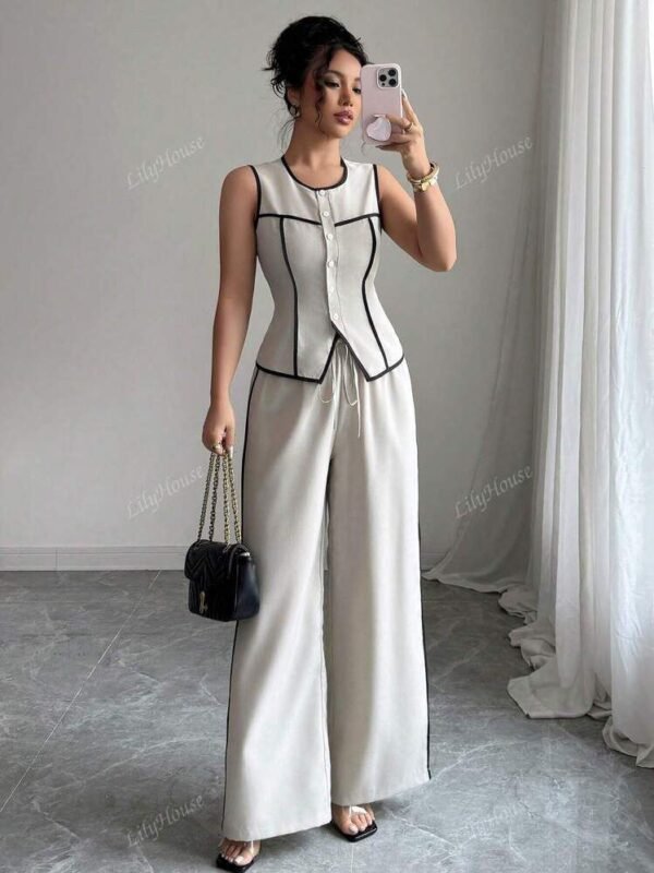 Women Casual Elegant Button Vest And Wide Leg Pants Two-Piece Set