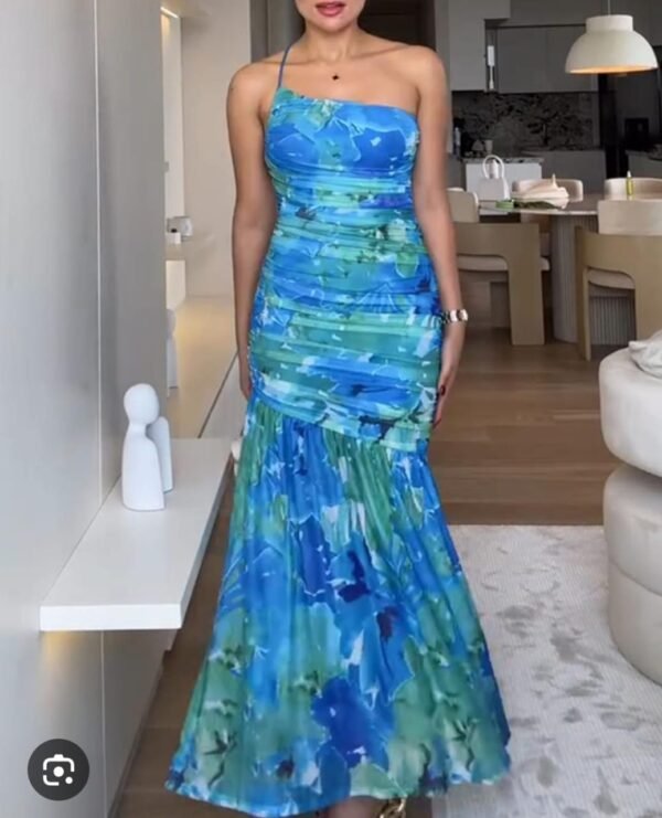 Summer Blue Contrast Floral One-shoulder Pleated Fishtail Dress