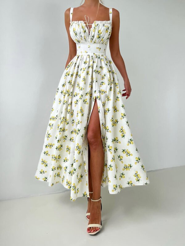 Women's Lemon Print Straps Slim Slit Long Dress