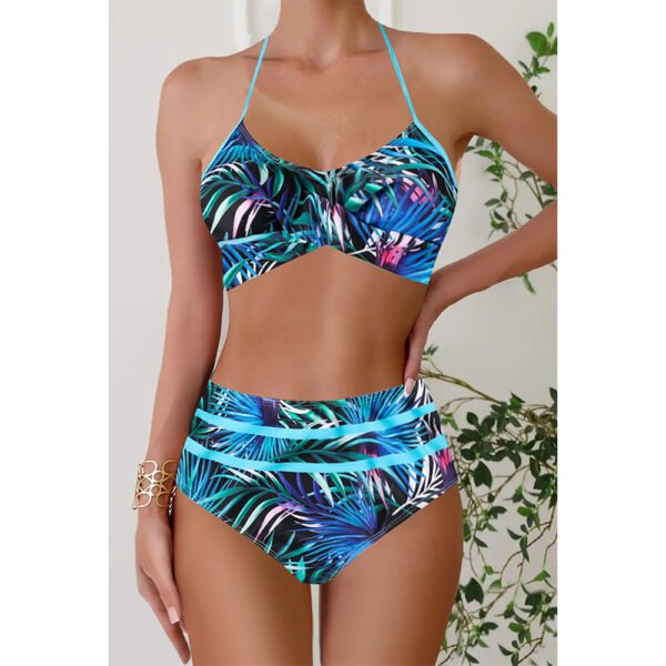 Blue High Waisted Leaf Print Bikini