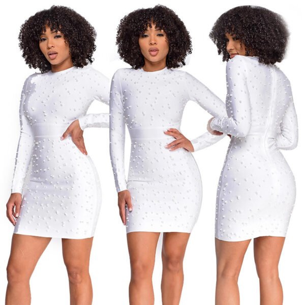 Women's Summer Solid Color Bodycon Long Sleeve Beaded Dress