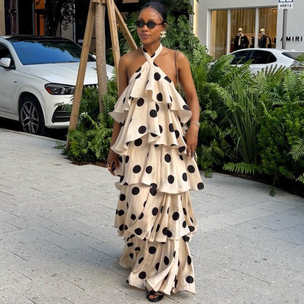 Women Autumn Polka Dot Halter Neck Backless Cascading Ruffles Dress