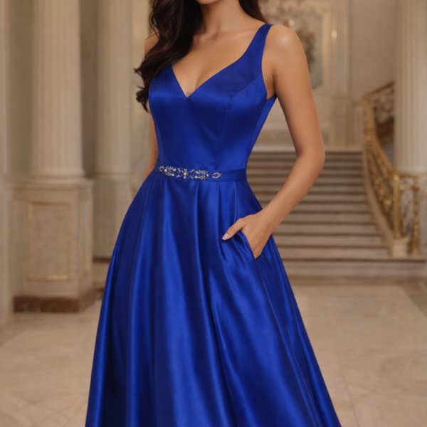 Broad Strap Simple Ball Gown With Beaded Waist