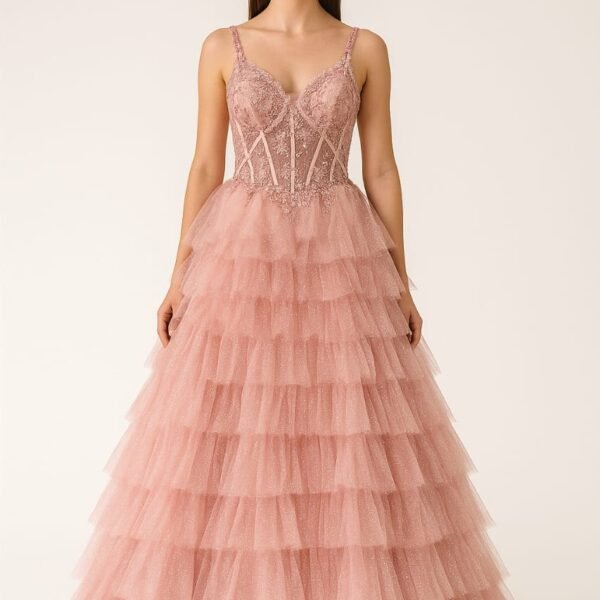 handcrafted corset fitted dress with layered chiffon