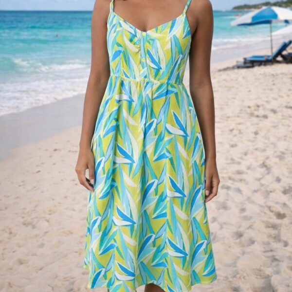 Plisse Printed Midi Dress with Front Buttons