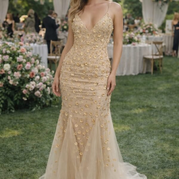 3d floral deep V neck prom gown