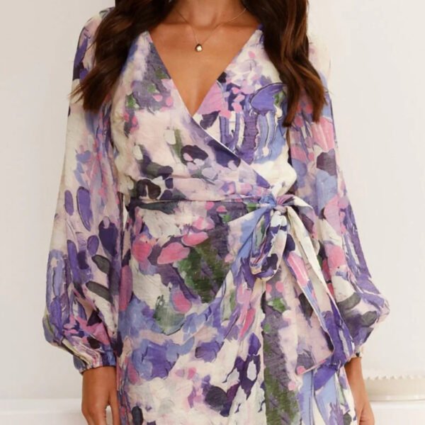 Autumn V-Neck Chiffon Tie-Waist Long Sleeve Print