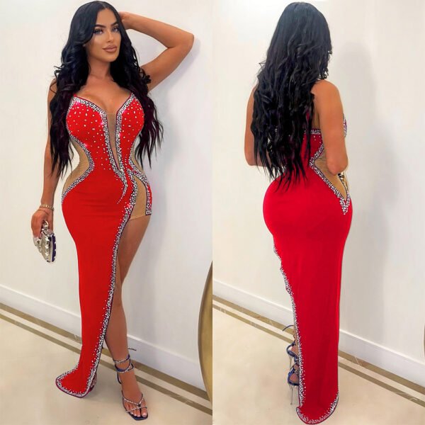 Women Sexy Beaded Sleeveless Mesh Maxi Dress