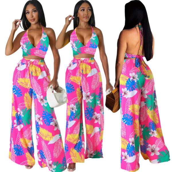Women's Sexy Printed Suspender Lace-Up Top and Flair Pants