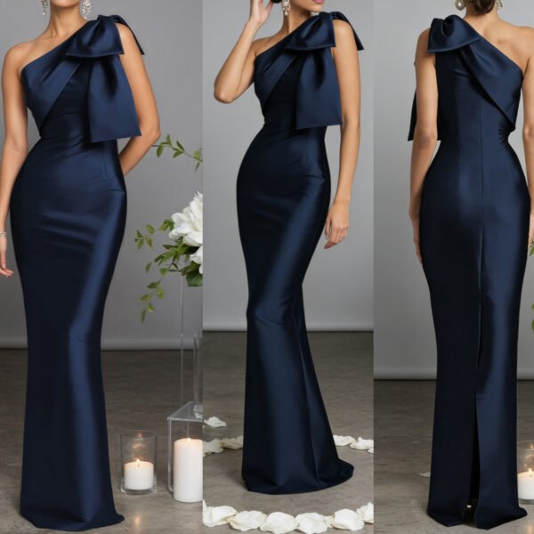 Bow One Shoulder Navy Blue Satin Long Dress