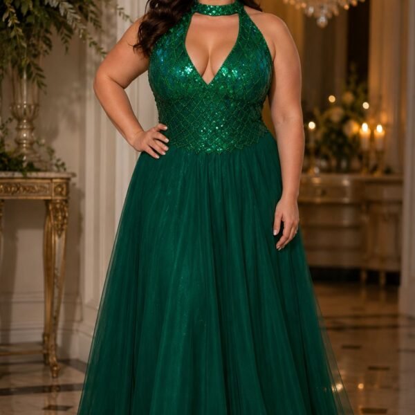 Green V Notched Beaded Embellished Bodice Dress