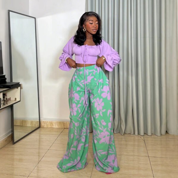 Chic long sleeve crop top 2pc pants set