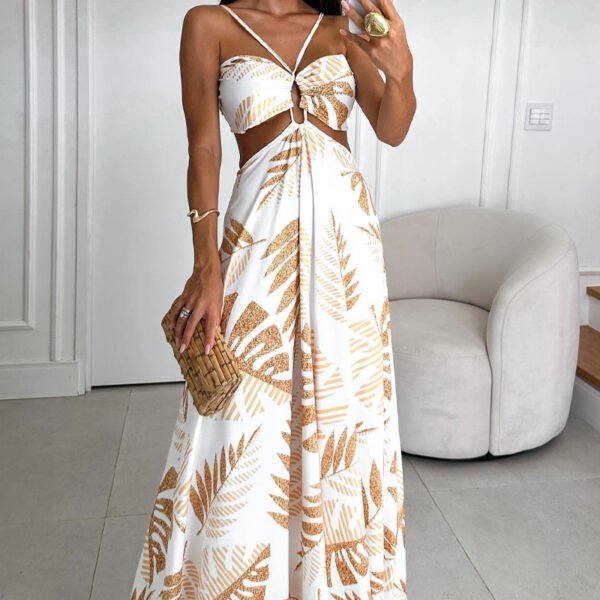 White & Gold Leaf Print Dress