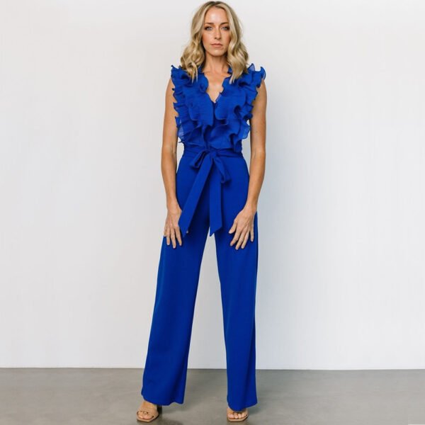 Blue V-Neckline Ruffled Jumpsuit