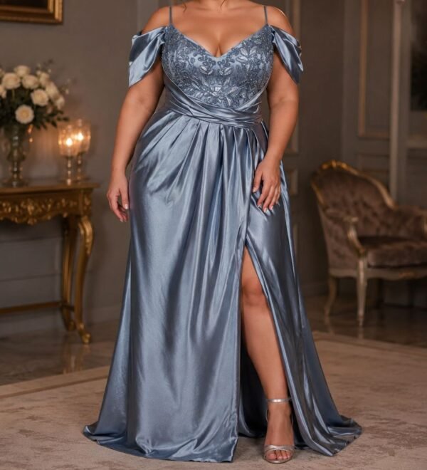 Dusty Blue Satin Off Shoulder Dress