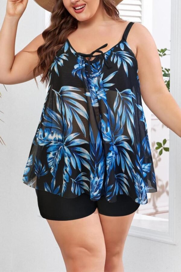 Leaf Print Tankini Sheer Top With Pants
