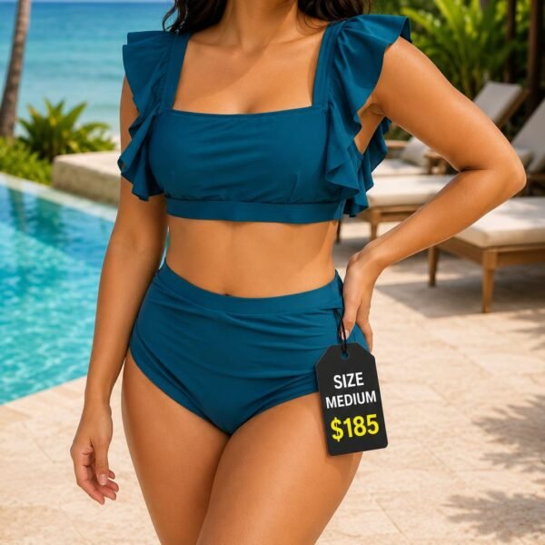 Teal Square Neck High Waist Bikini With Ruffled Straps